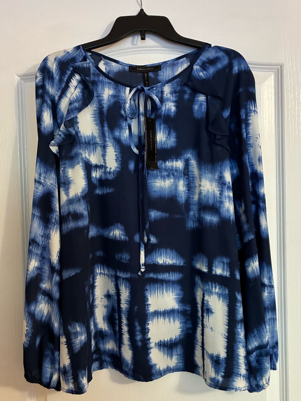 BCBGMaxAzria Blue and White Tie-Dye Ruffle Shoulder Long Sleeve Blouse